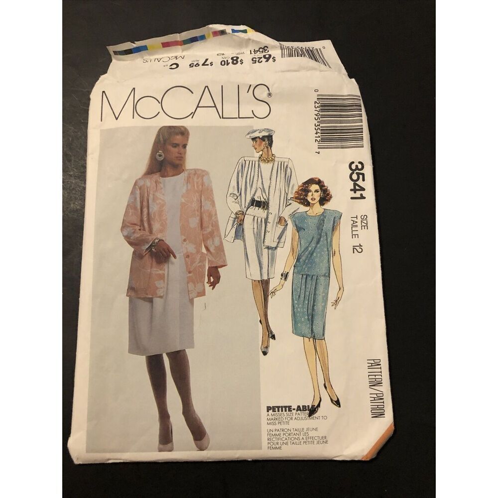 McCalls Pattern  3541 Size 12 Dress & Jacket 1988 Uncut
